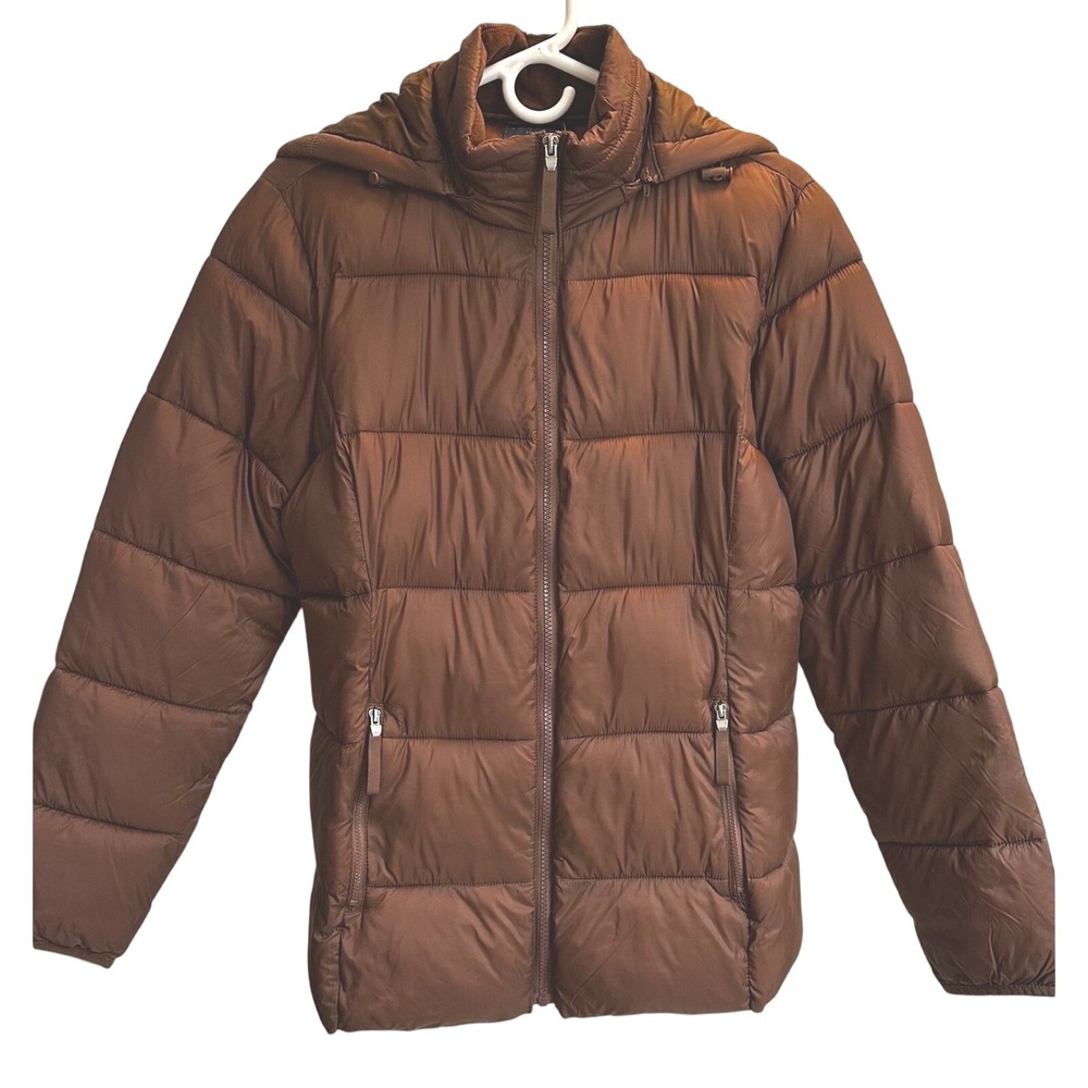 St Johns Bay Womens Puffer Jacket Brown Detachable Hood Full Zip Quilted Medium